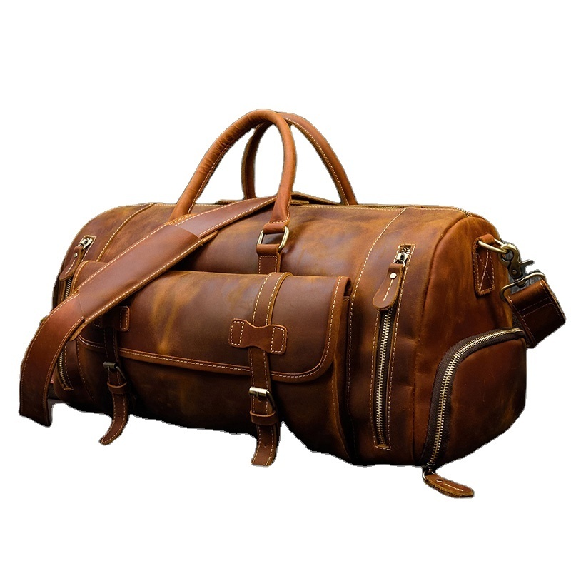 Full Grain Cowhide Weekender Duffle Travel Bag With Shoe Compartment Large Capacity Genuine Leather Travel Bag