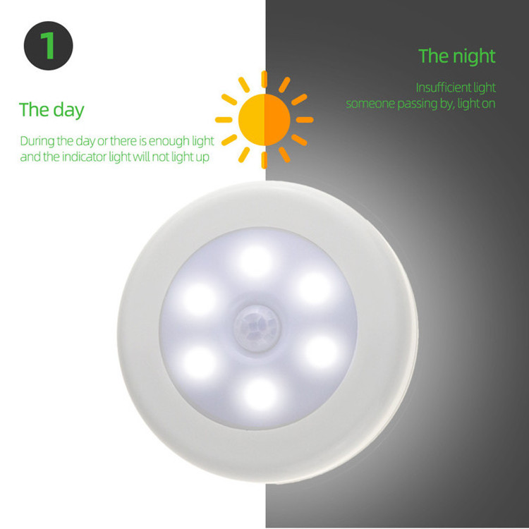 wholesale mini portable 6 LED Round wireless battery PIR motion sensor night light cabinet kitchen closet sensor light