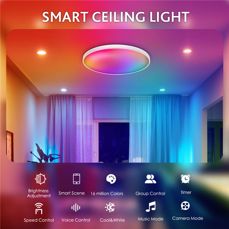 30W ultra thin smart WiFi rgbcw ceiling lamp remote control app Alexa Google Home Voice Control rgb led ceiling light