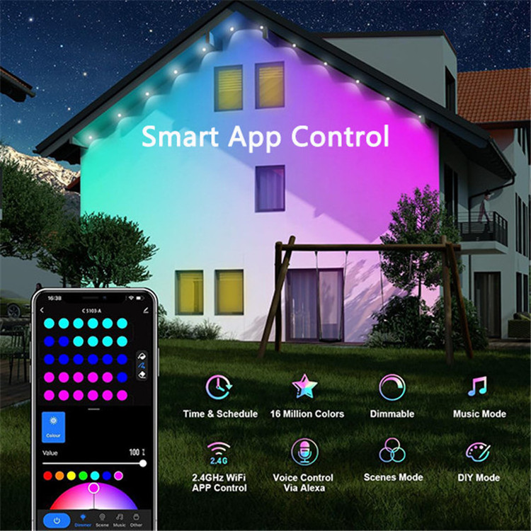 Smart WiFi APP control IP67 Outdoor 90ft 27.5m ws2811 100 LEDS Pixel Point Light RGB under permanent led eave light