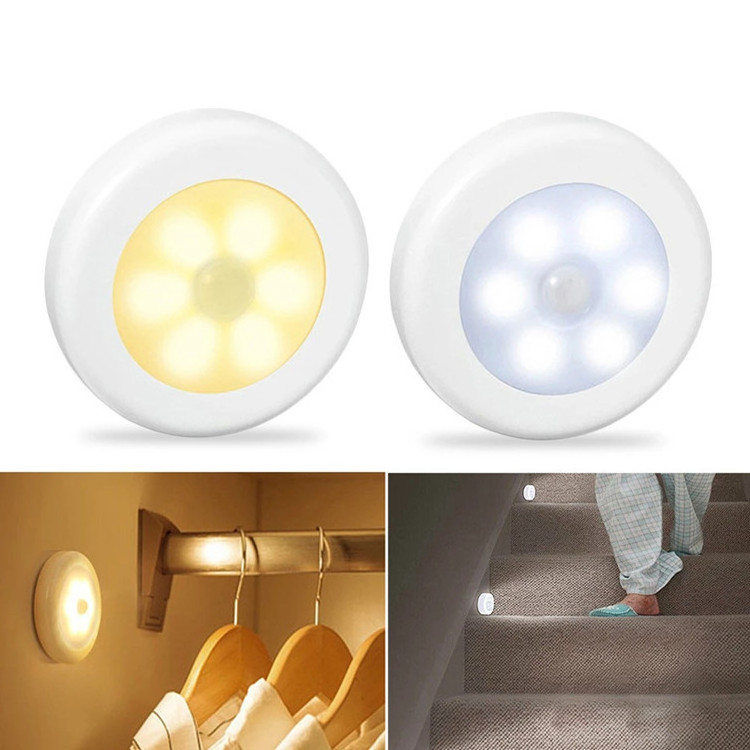 wholesale mini portable 6 LED Round wireless battery PIR motion sensor night light cabinet kitchen closet sensor light