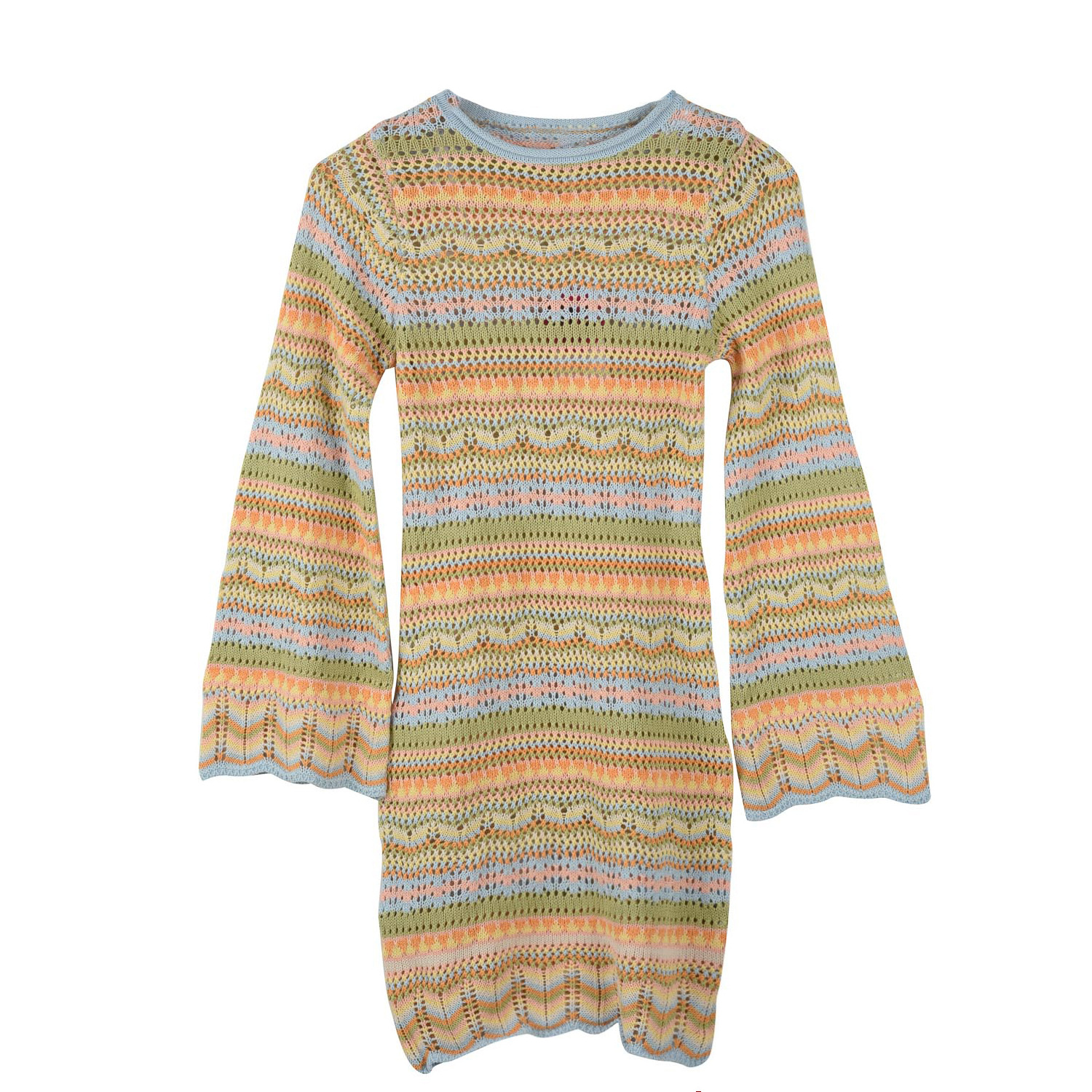 Customized Personalized Crochet Colorful Striped Long Sleeve Boho Women's Sweater Dress