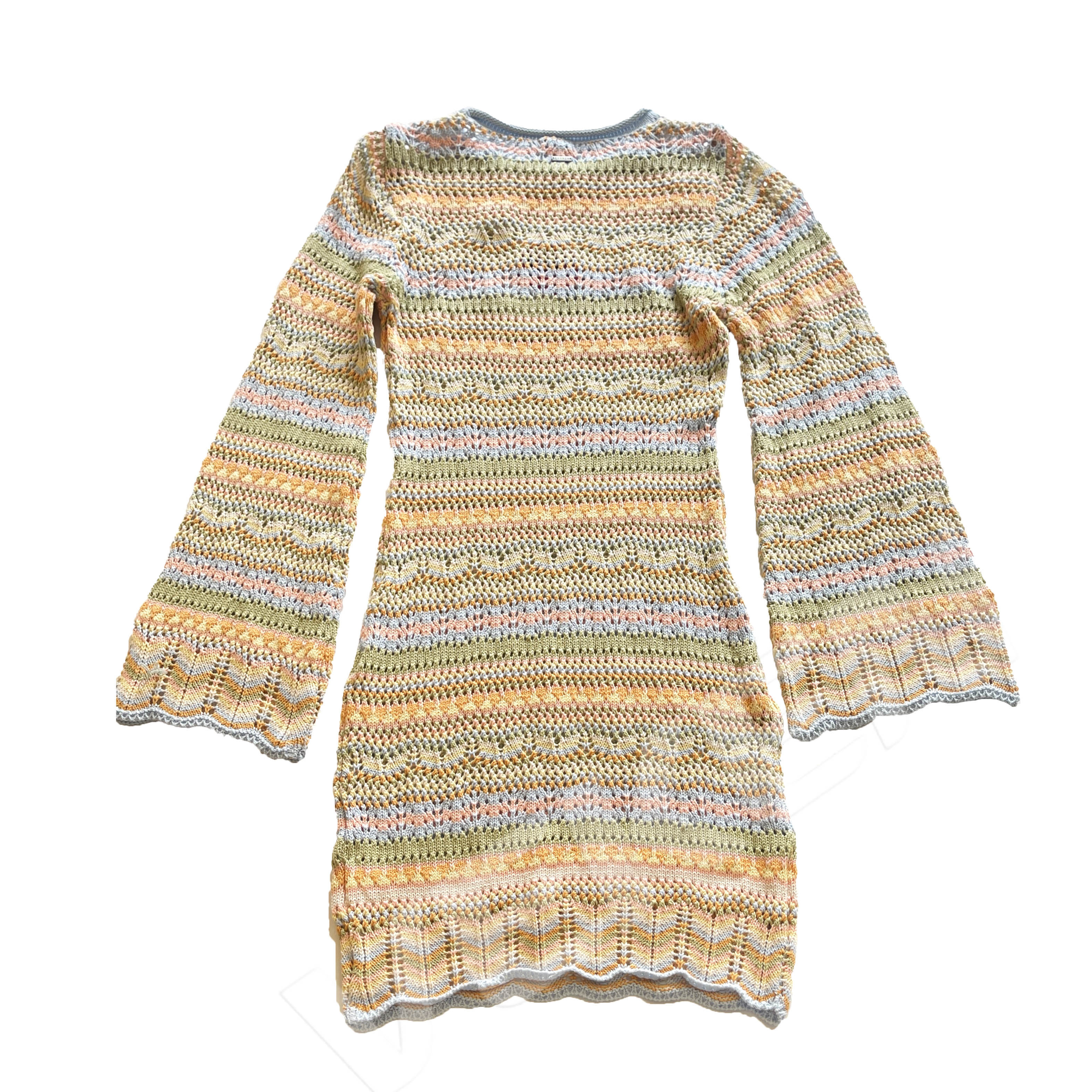 Customized Personalized Crochet Colorful Striped Long Sleeve Boho Women's Sweater Dress