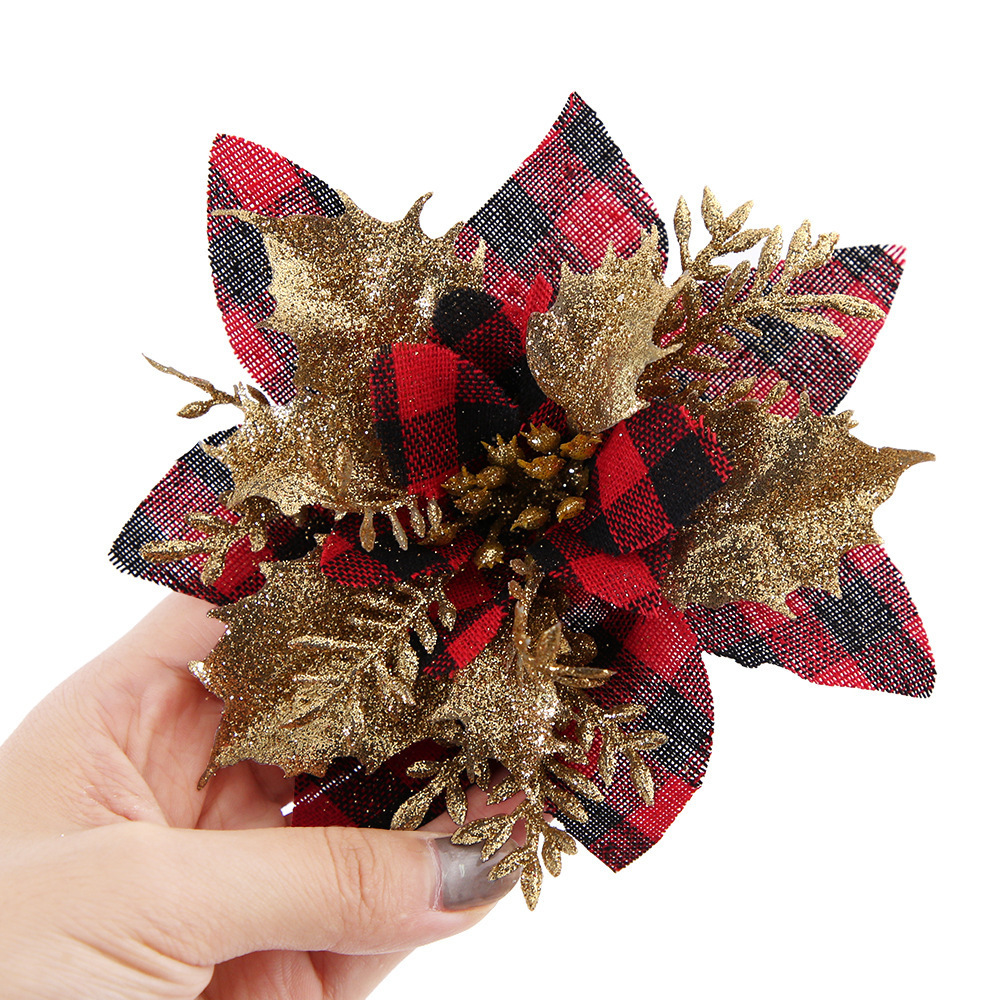 Wholesale Christmas Ornament Flower High Quality Glitter Plaid Christmas Decoration Flowers