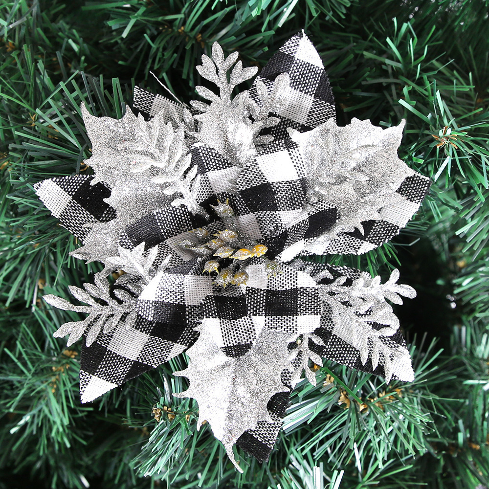 Wholesale Christmas Ornament Flower High Quality Glitter Plaid Christmas Decoration Flowers