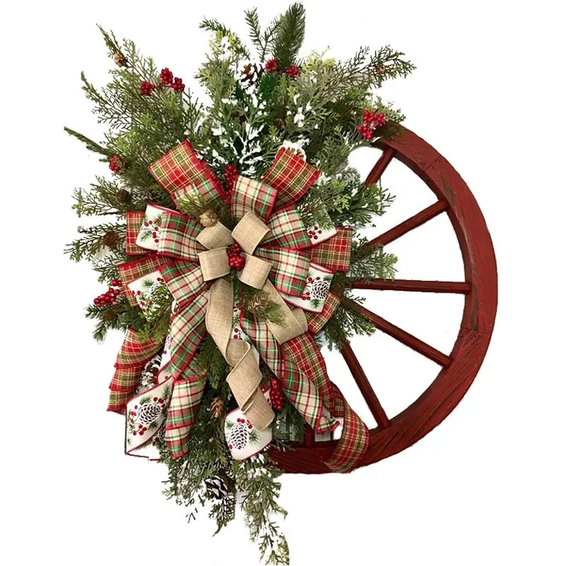 Cross Border Hot Sale Christmas Decoration Door Hanging Wooden Wheel Wreath Pine Nut Christmas Garland Christmas Wreath