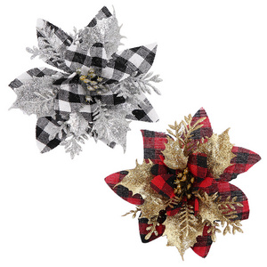 Wholesale Christmas Ornament Flower High Quality Glitter Plaid Christmas Decoration Flowers