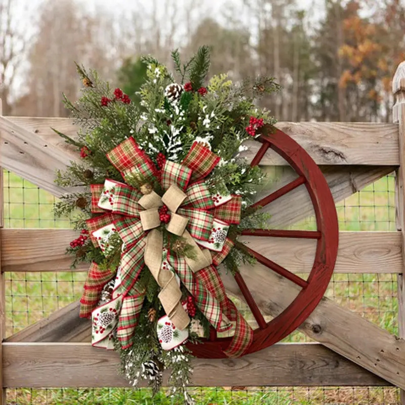 Cross Border Hot Sale Christmas Decoration Door Hanging Wooden Wheel Wreath Pine Nut Christmas Garland Christmas Wreath