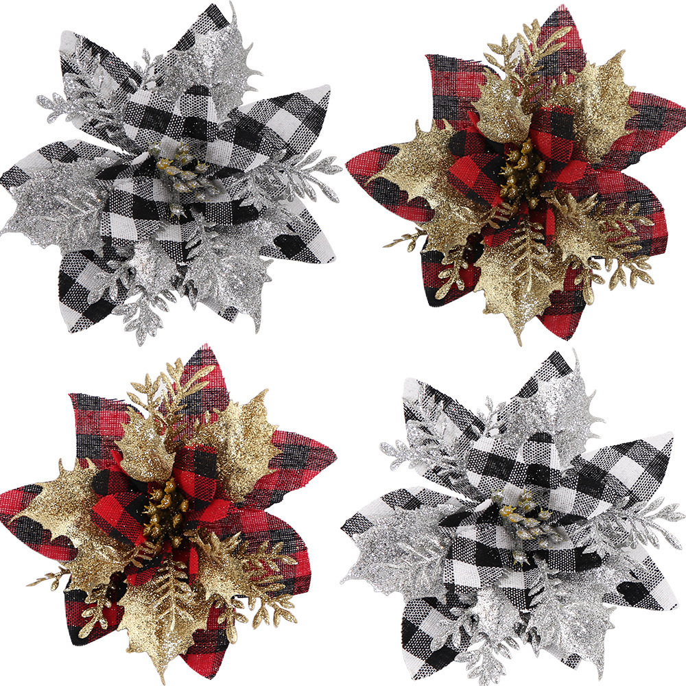 Wholesale Christmas Ornament Flower High Quality Glitter Plaid Christmas Decoration Flowers