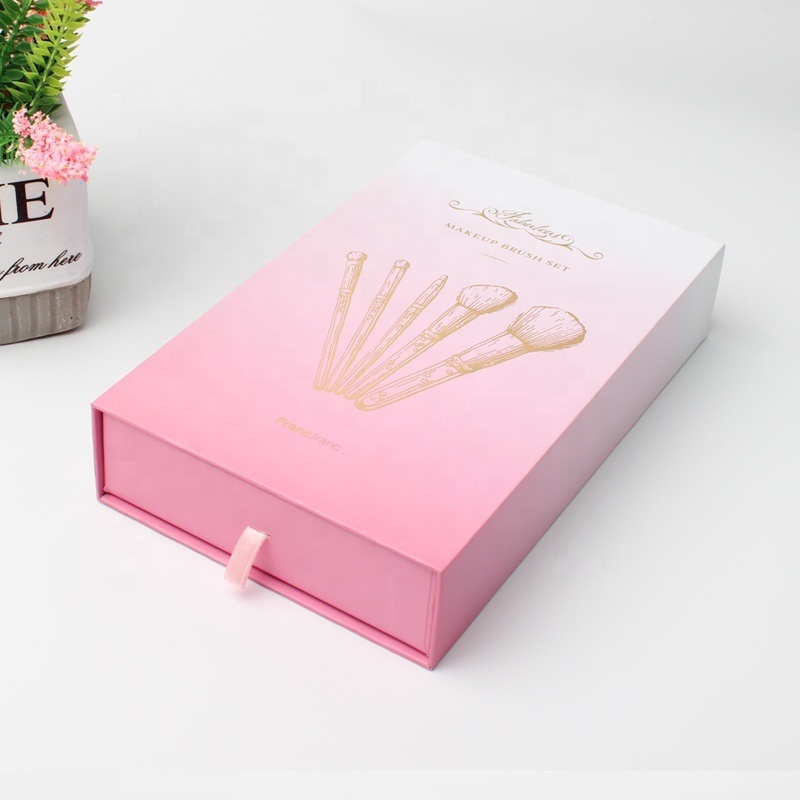 Luxury Makeup Brush Gift Packaging Gold Foil Private Label Make Up Brush Pink Rigid Hard Cardboard Box With Pull Out Handle