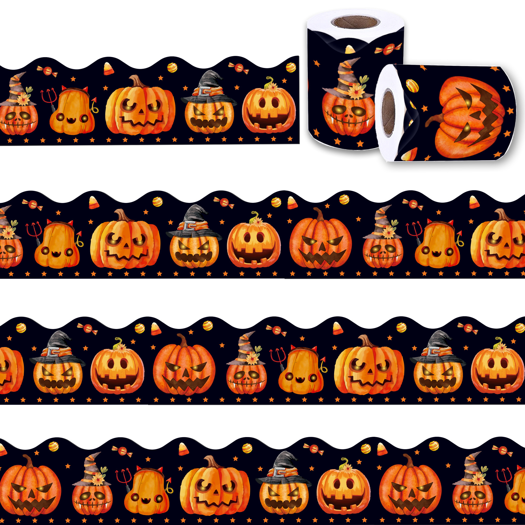 Huancai Halloween Pumpkin Bulletin Board Border Trim Stickers Roll Self Adhesive Decals for School Classroom Party Supplies