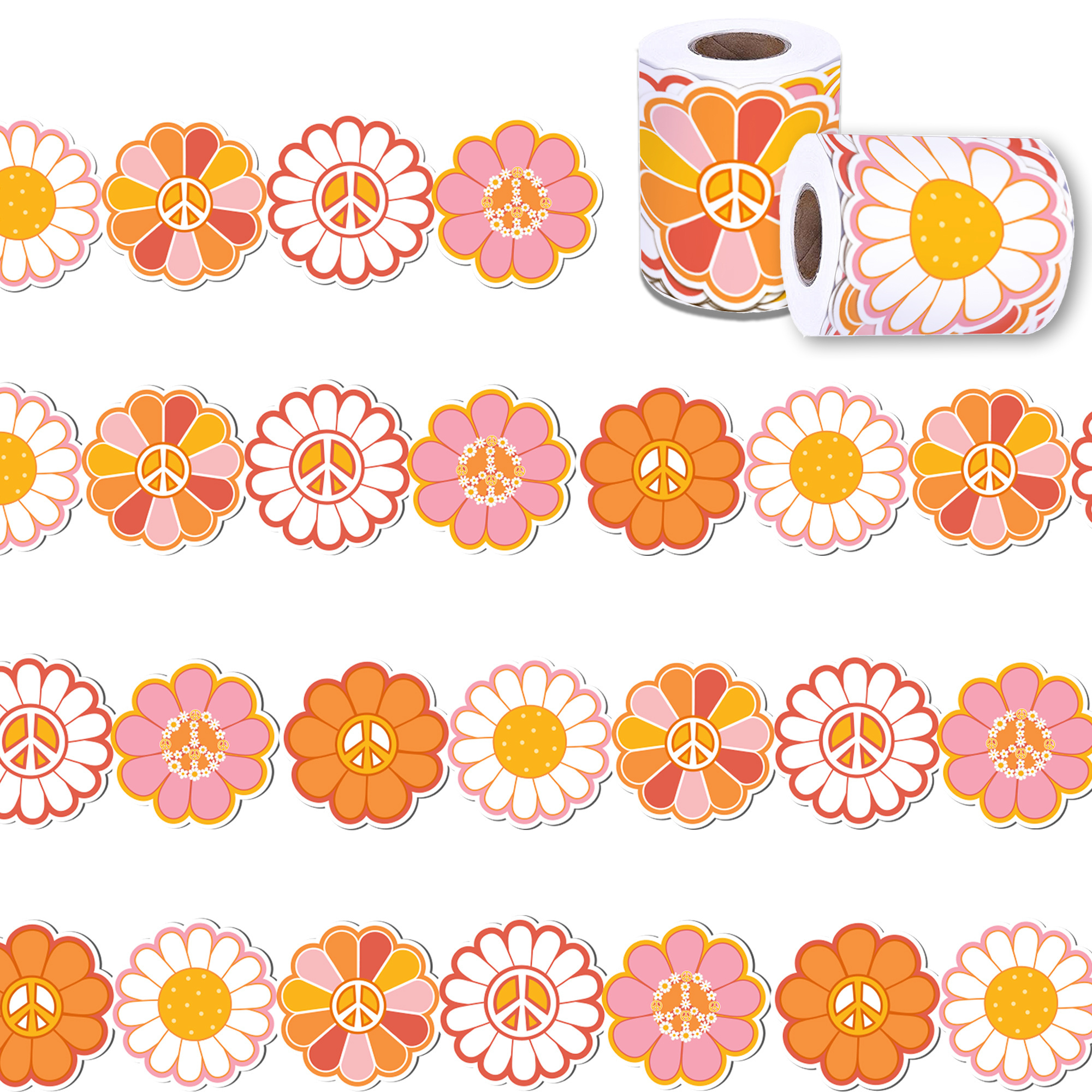 Huancai Retro Groovy Bulletin Board Border Trim Daisy Stickers Roll Self Adhesive Decals for Boho Party Supplies Classroom Decor