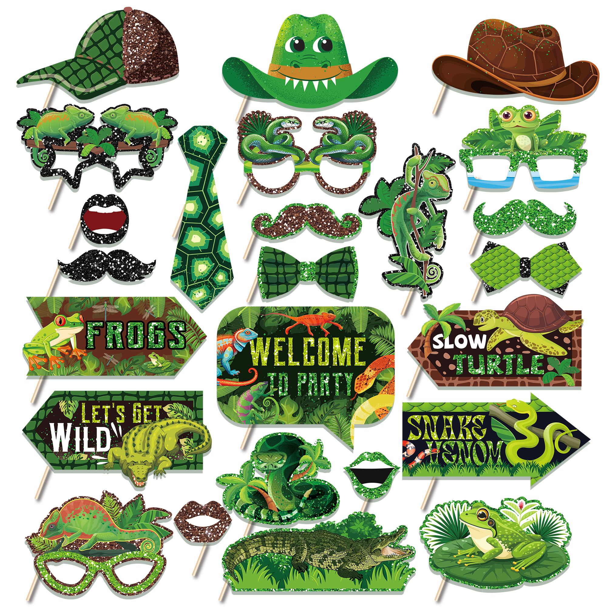 Huancai 25 PCS Reptile Animals Photo Booth Props with Sticks Lizard Snake Turtle Jungle Selfie Props Kit for Wild Party Supplies