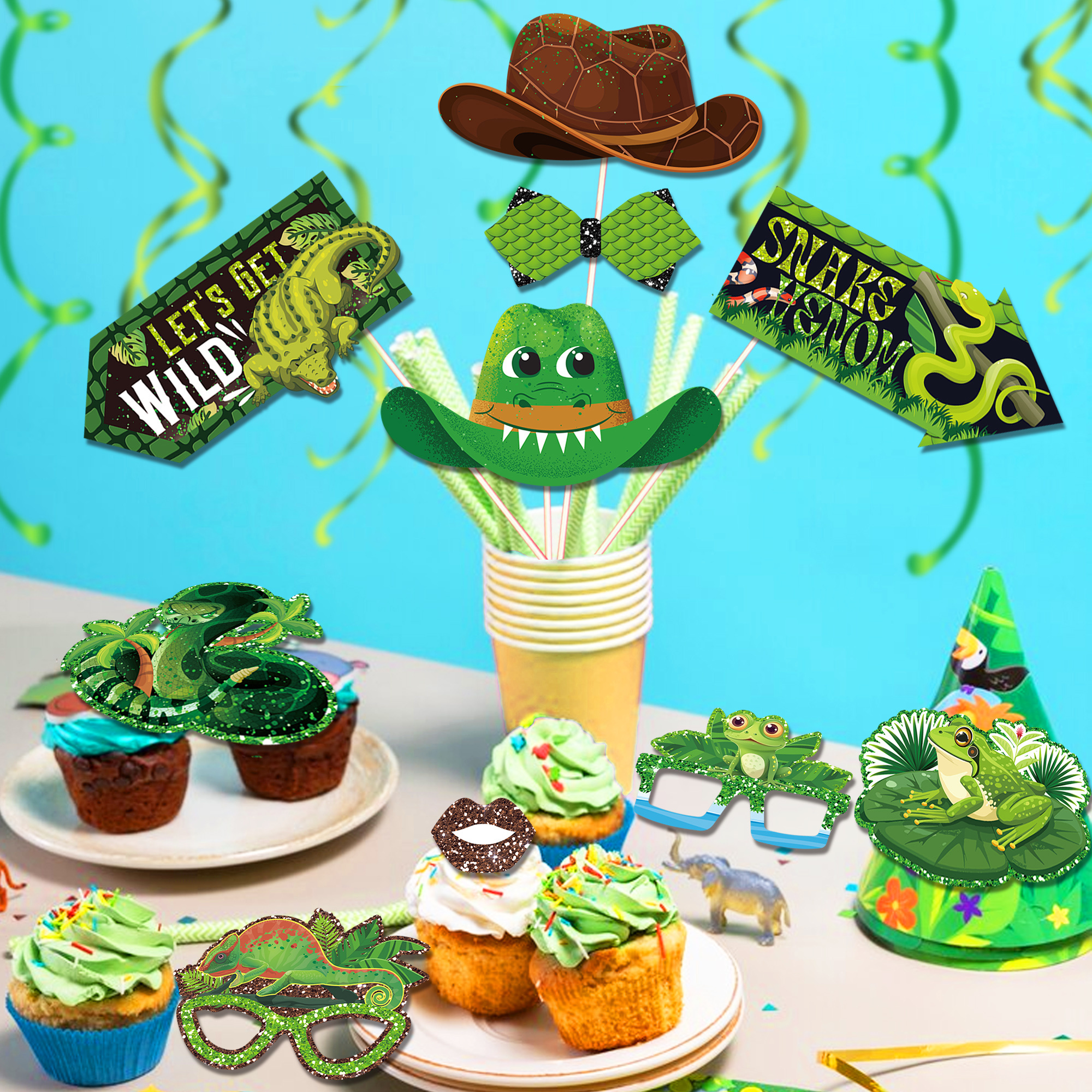 Huancai 25 PCS Reptile Animals Photo Booth Props with Sticks Lizard Snake Turtle Jungle Selfie Props Kit for Wild Party Supplies