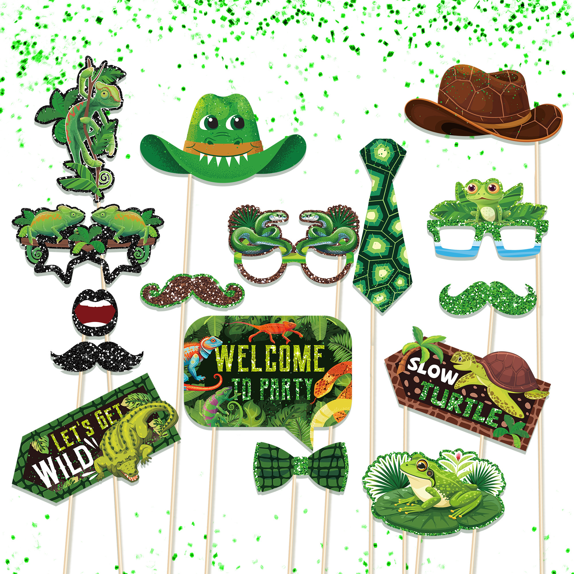 Huancai 25 PCS Reptile Animals Photo Booth Props with Sticks Lizard Snake Turtle Jungle Selfie Props Kit for Wild Party Supplies