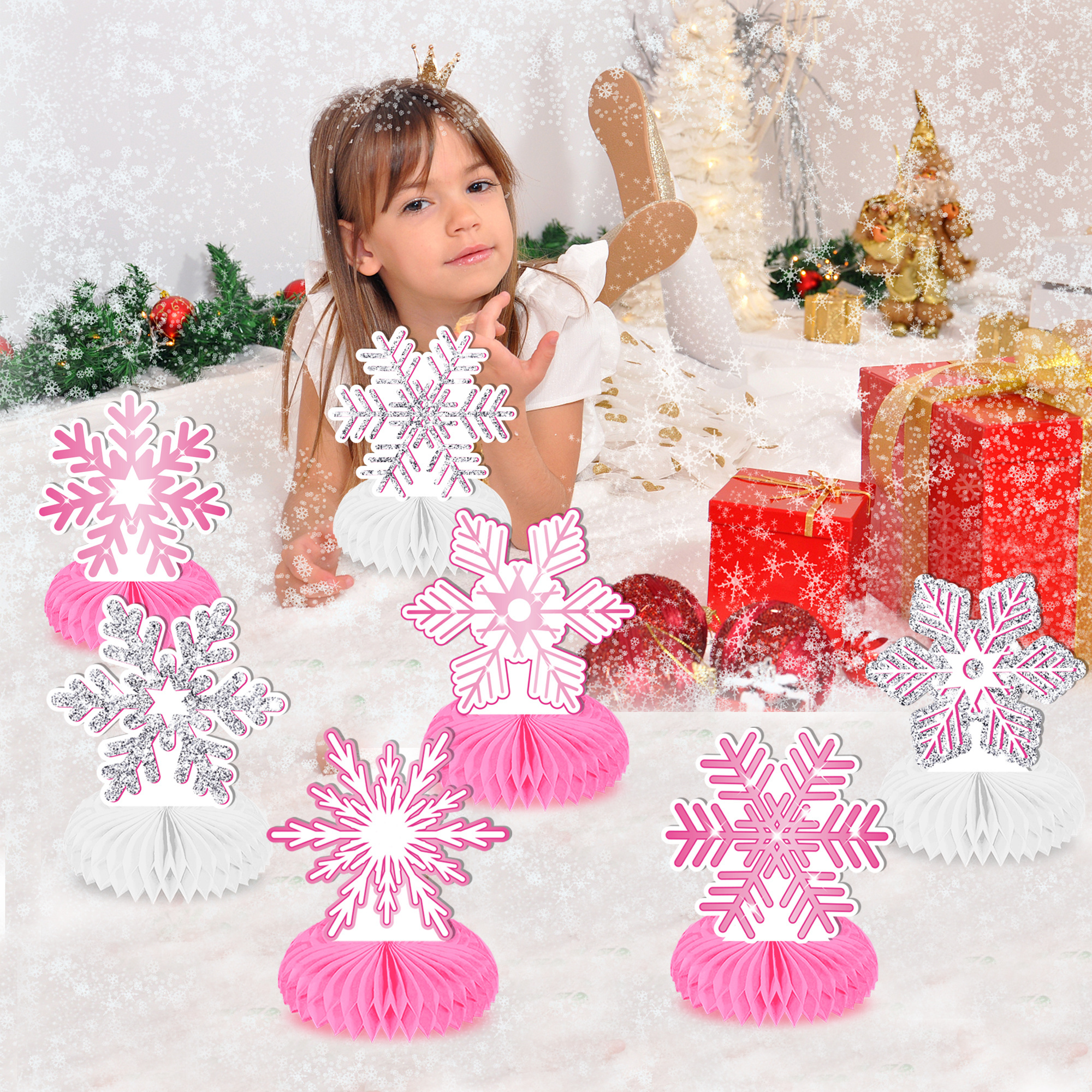 FW032 Pink Snowflake Party Honeycomb Table Centerpieces Toppers Table Decorations 9 pcs for Kids Christmas Xmas Party Decoration