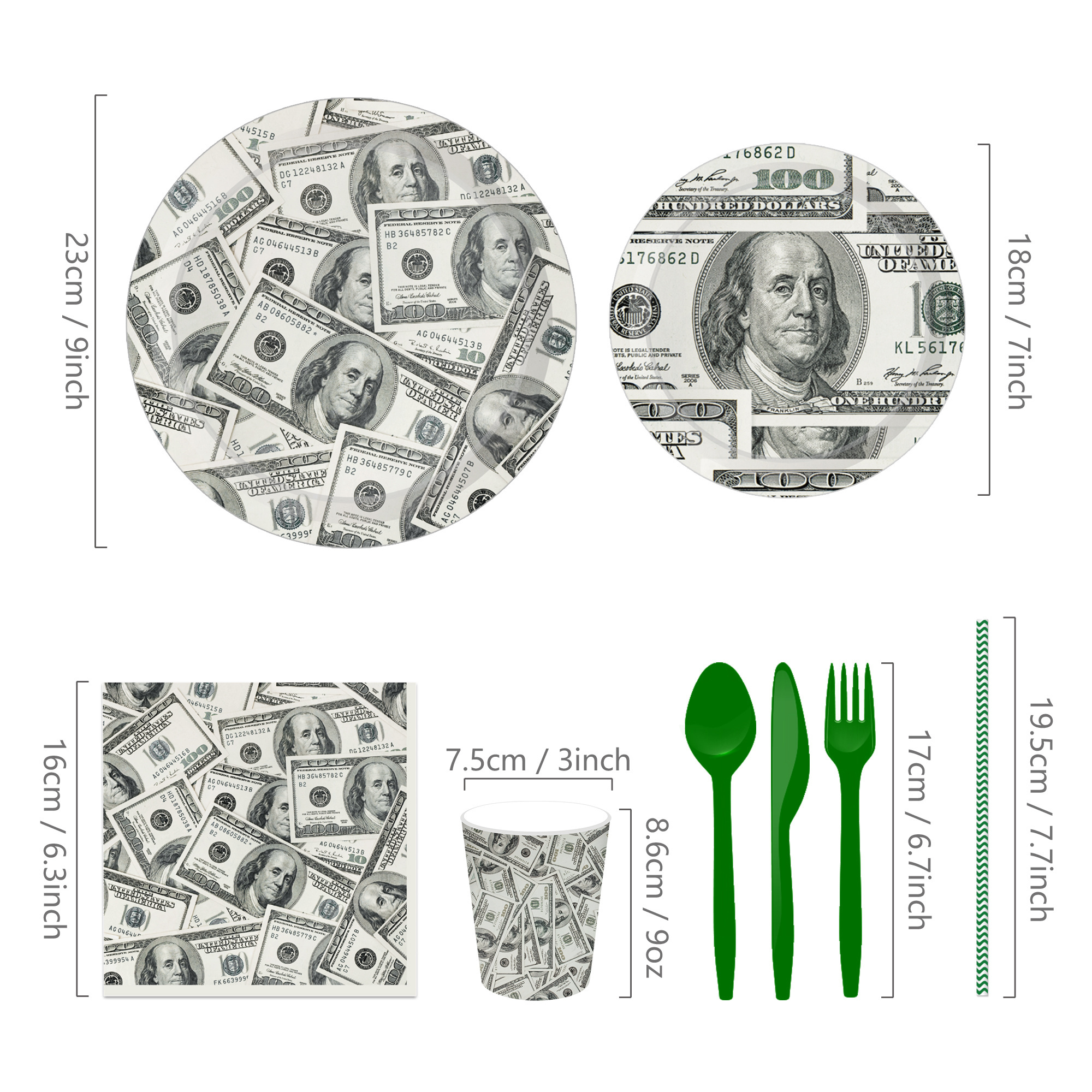 MM238 Money Hundred Dollar Bills Birthday Party Supplies Paper Disposable Tableware Set for Casino Party Decor