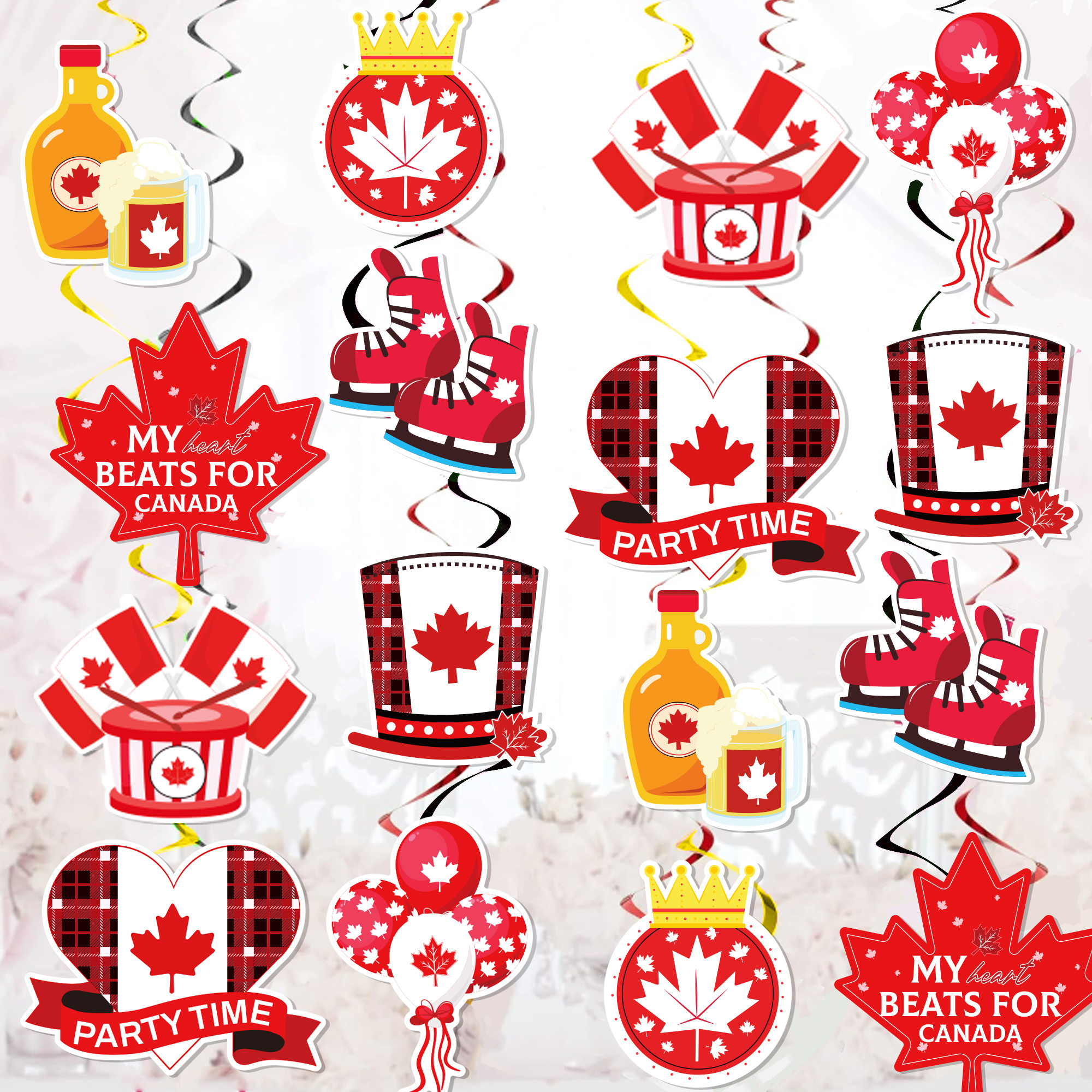 Huancai Happy Canada Day Party Decorations 30PCS Red White PVC Hanging Foil Swirls Ceiling Streamers for Canadian Party Supplies