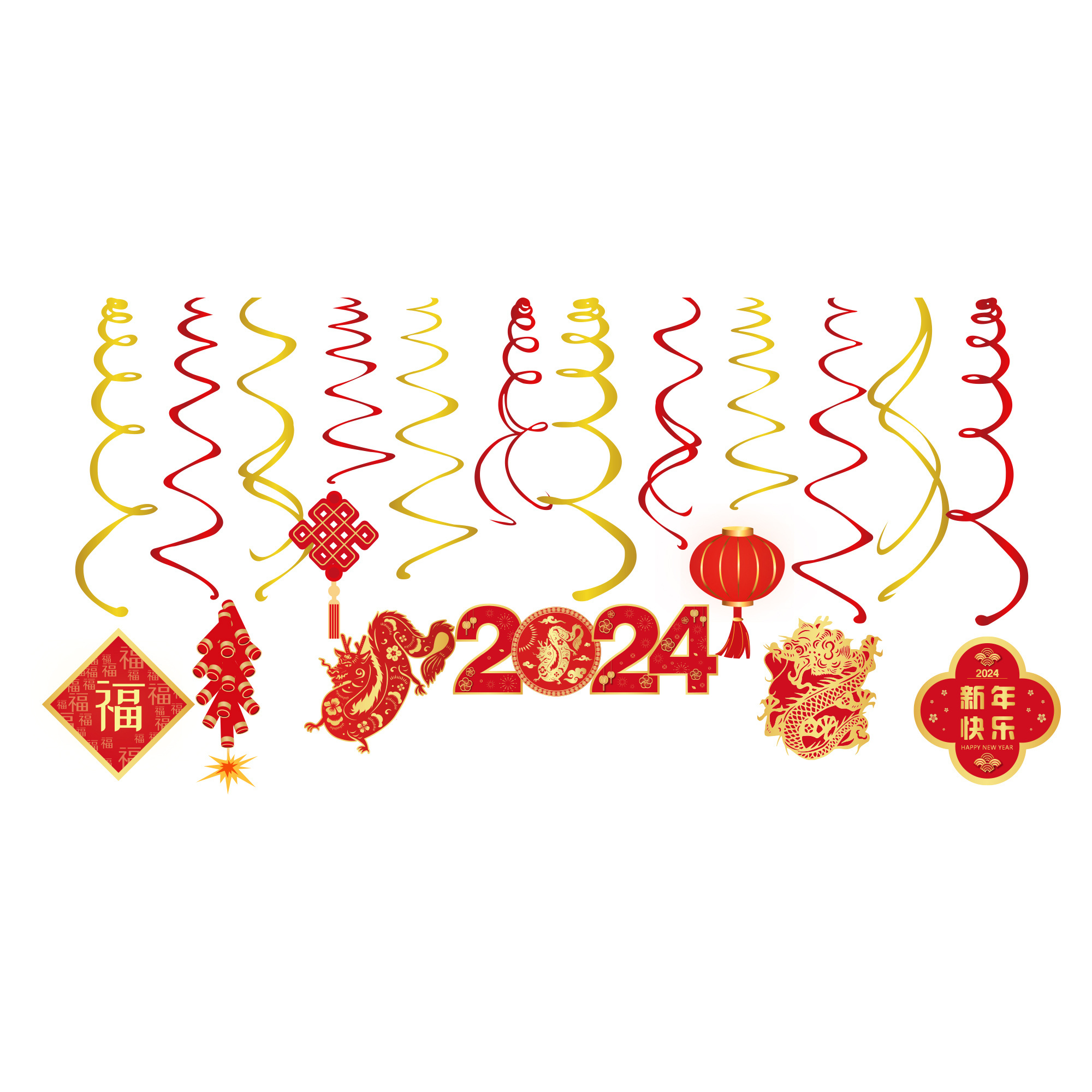 Huancai Happy Chinese New Year Party Decorations 2024 Dragon Year PVC Hanging Foil Swirls for Spring Festival Party Supplies