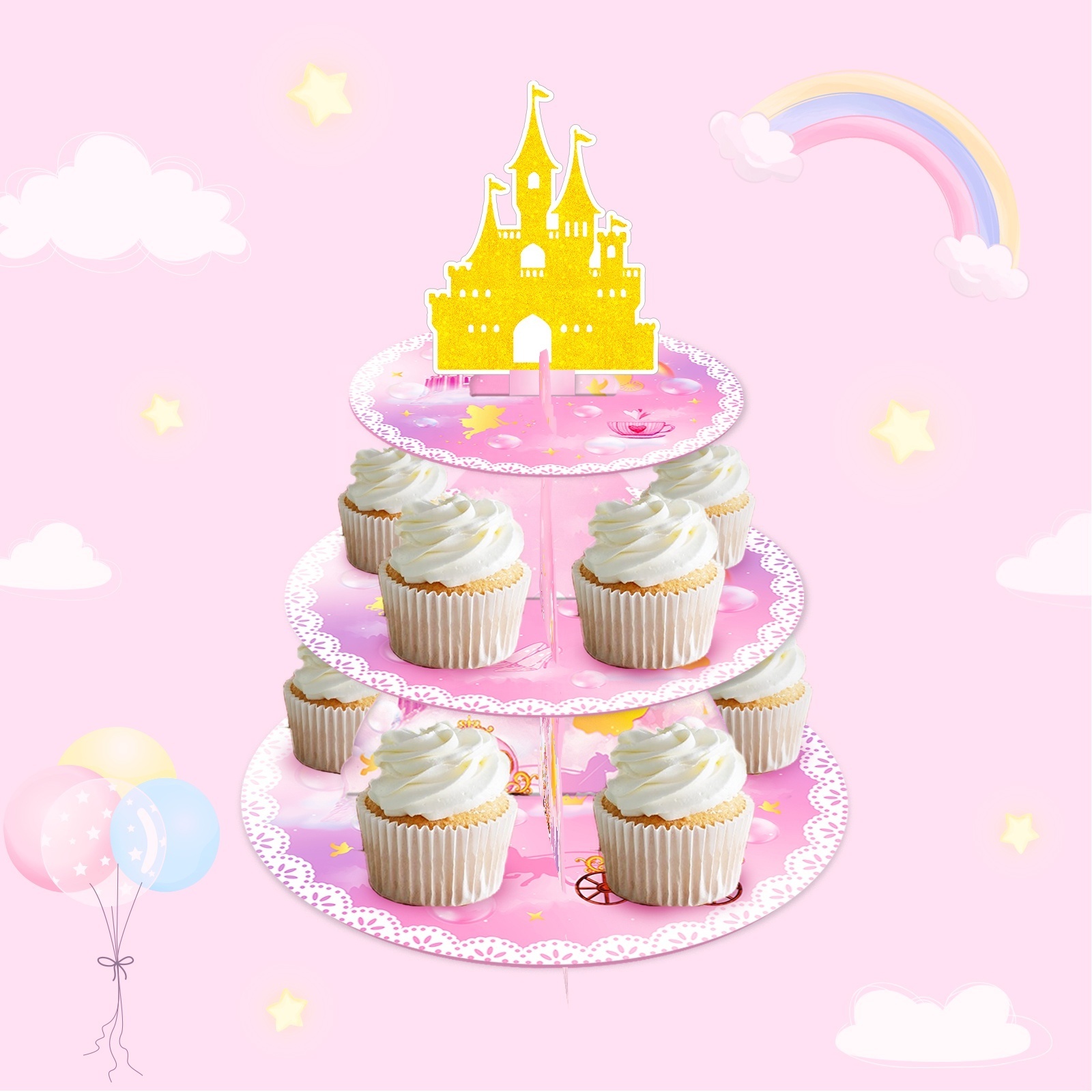 Huancai Princess Castle Cake Stand 3 Tier Cupcake Stand Dessert Holder Baby Shower Party Decor for Girls Birthday Party Supplies