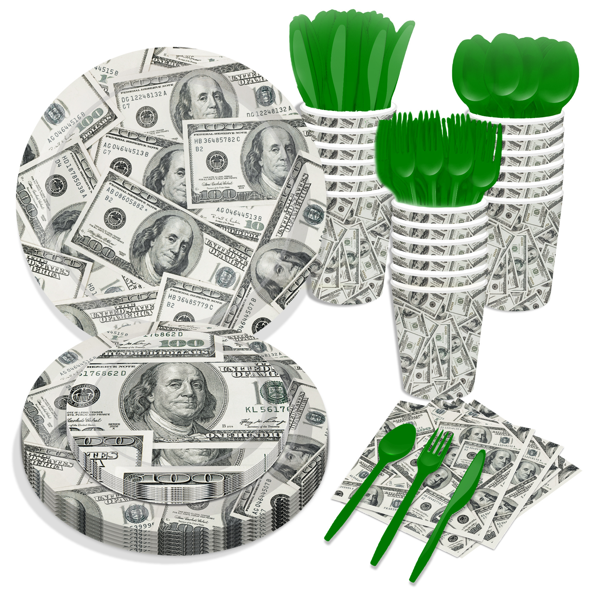 MM238 Money Hundred Dollar Bills Birthday Party Supplies Paper Disposable Tableware Set for Casino Party Decor