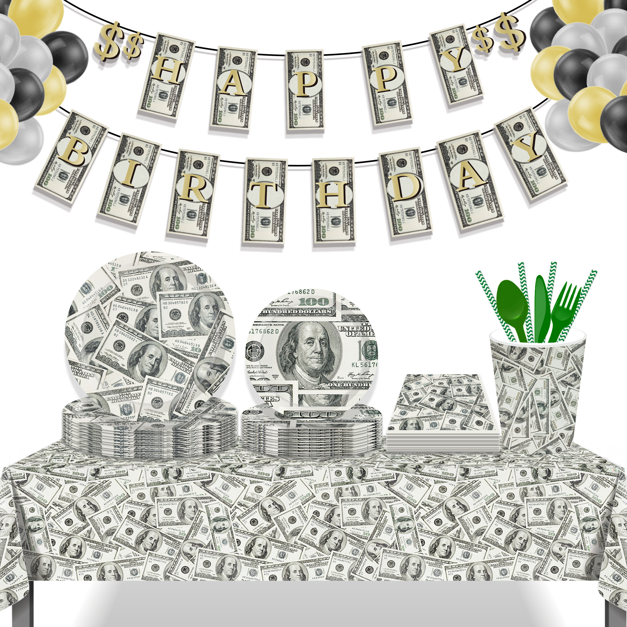 MM238 Money Hundred Dollar Bills Birthday Party Supplies Paper Disposable Tableware Set for Casino Party Decor