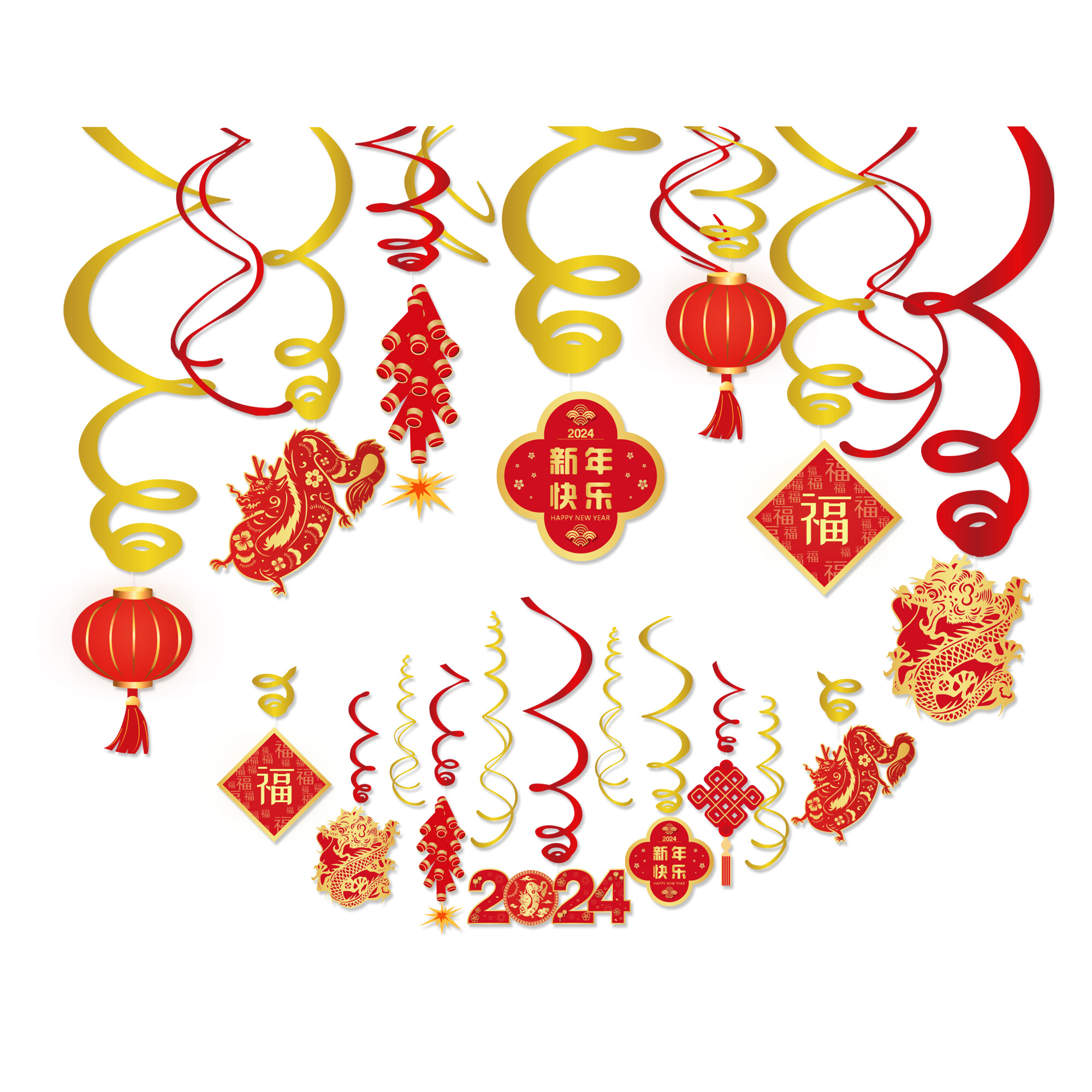 Huancai Happy Chinese New Year Party Decorations 2024 Dragon Year PVC Hanging Foil Swirls for Spring Festival Party Supplies