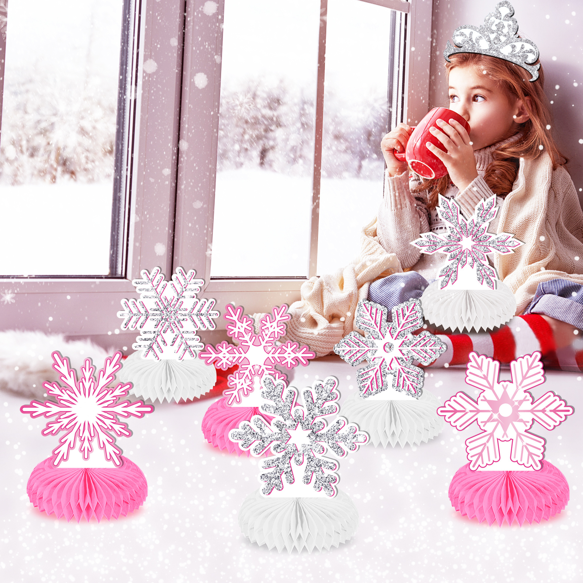 FW032 Pink Snowflake Party Honeycomb Table Centerpieces Toppers Table Decorations 9 pcs for Kids Christmas Xmas Party Decoration