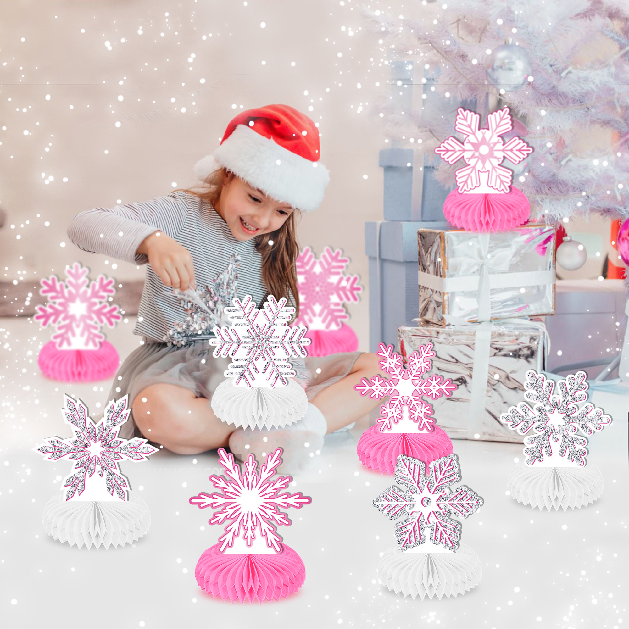 FW032 Pink Snowflake Party Honeycomb Table Centerpieces Toppers Table Decorations 9 pcs for Kids Christmas Xmas Party Decoration