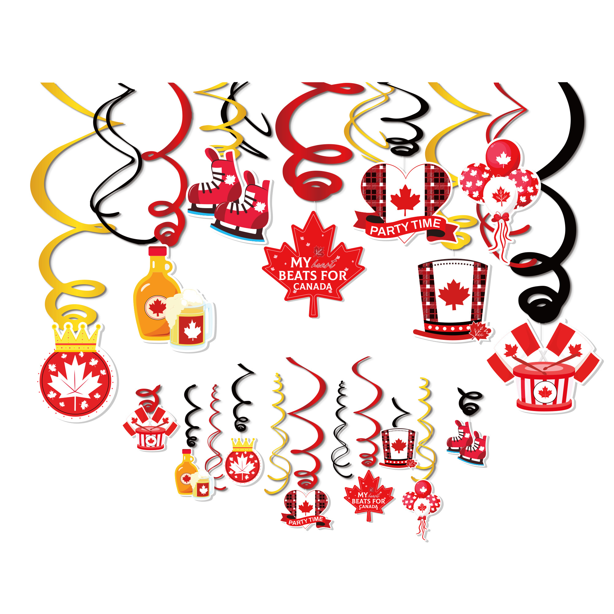 Huancai Happy Canada Day Party Decorations 30PCS Red White PVC Hanging Foil Swirls Ceiling Streamers for Canadian Party Supplies