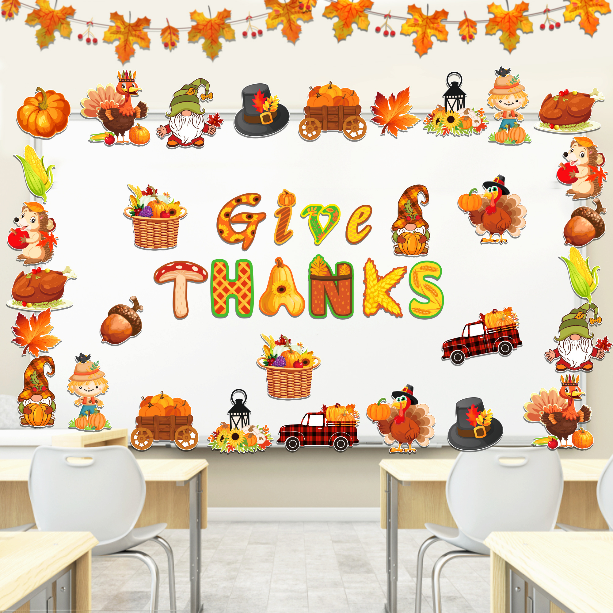 ZK024 Thanksgiving Autumn Pumpkin Wall Decal Maple Leaves Turkey Decoration Card for Party Photo Props Decoration