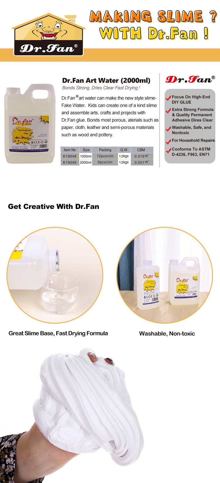 Dr.fan Art water glue 2000ml kids clay Washable Color Clear liquid glue for making slime kit set