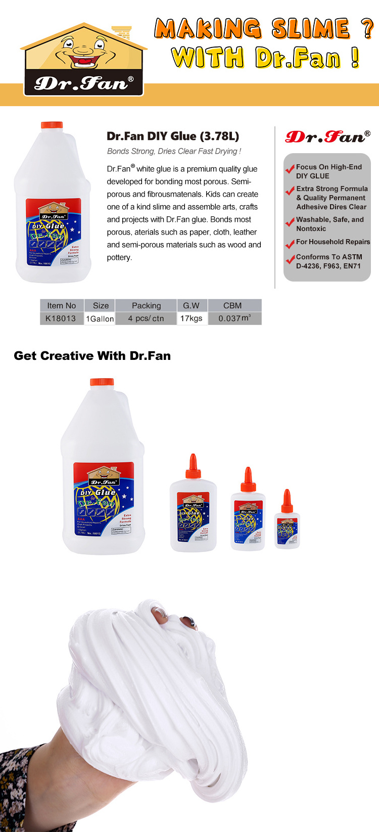 Dr.fan craft school pen PVA glue liquid white glue for slime machine claring clay gallon