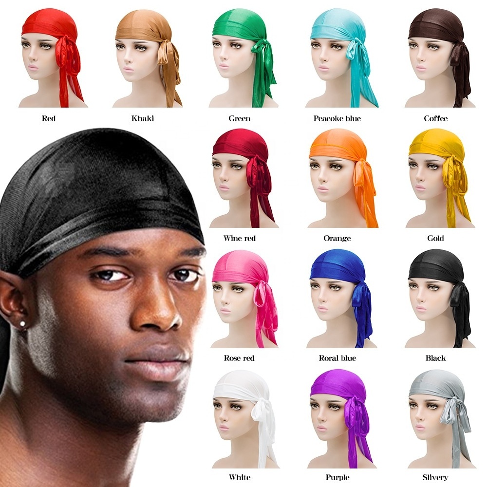 Eastsunshine Custom Silky Headwraps Solid Designer Satin Durags Waves with Long Tail Pour Hommes Durags Turban Head Cover Cap