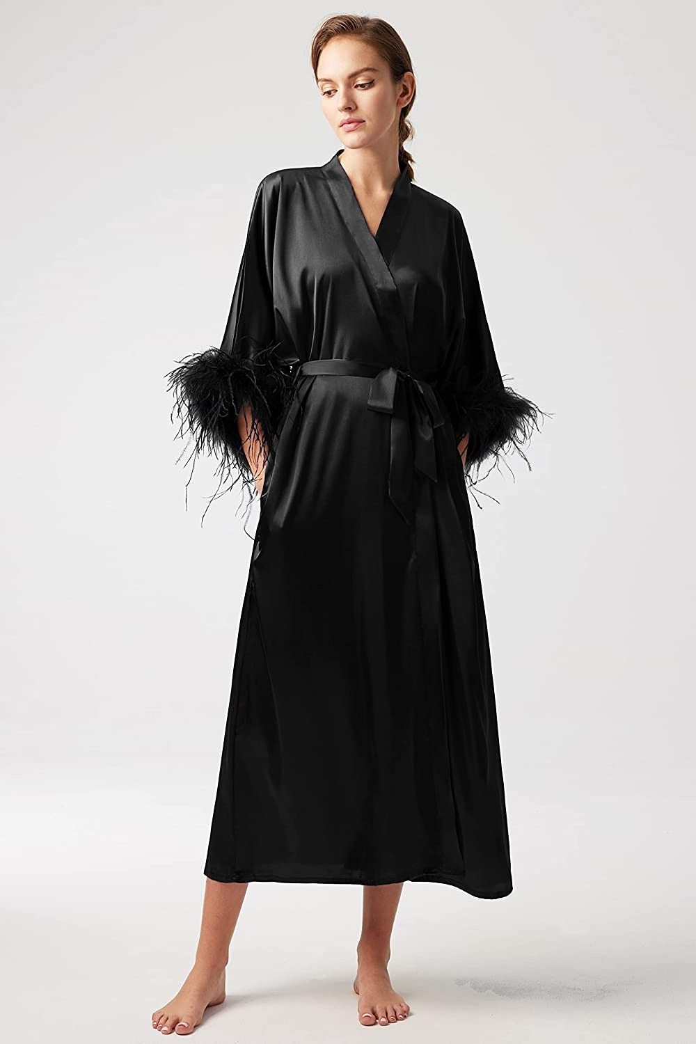 Hot Selling Customized Ladies  Pure Satin Fur Robe / Sleepwear Ladies