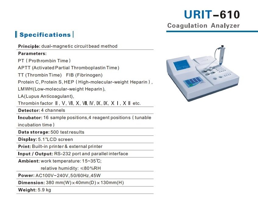 EC Portable Urit 610 price medical use coagulation analyzer Urit-610 blood test semi-auto coagulometer hospital home use