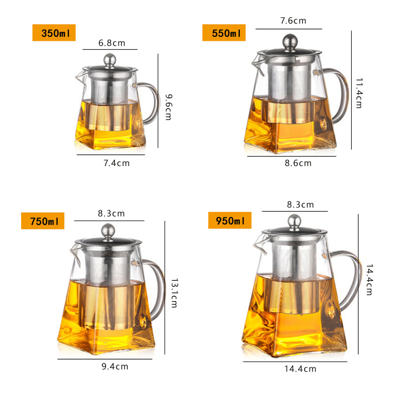 Heat Resistant Glass Teapot With Stainless Steel Infuser Heated Container Tea Pot Good Clear Taste Kettle Square Filter Baskets