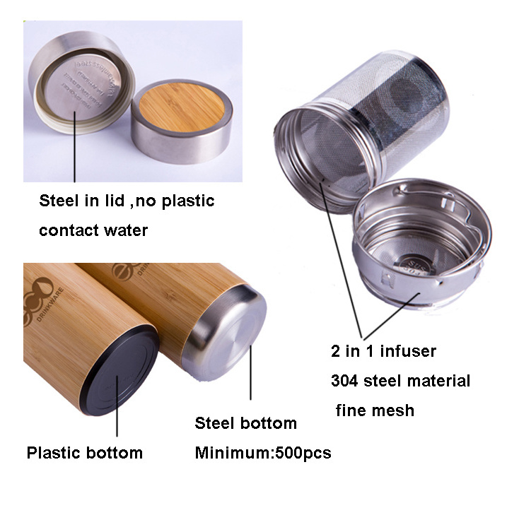 GB8060 500ML/17OZ Natural Stainless Steel bamboo water bottle Vacuum Insulated infuser bamboo thermos Wholesale