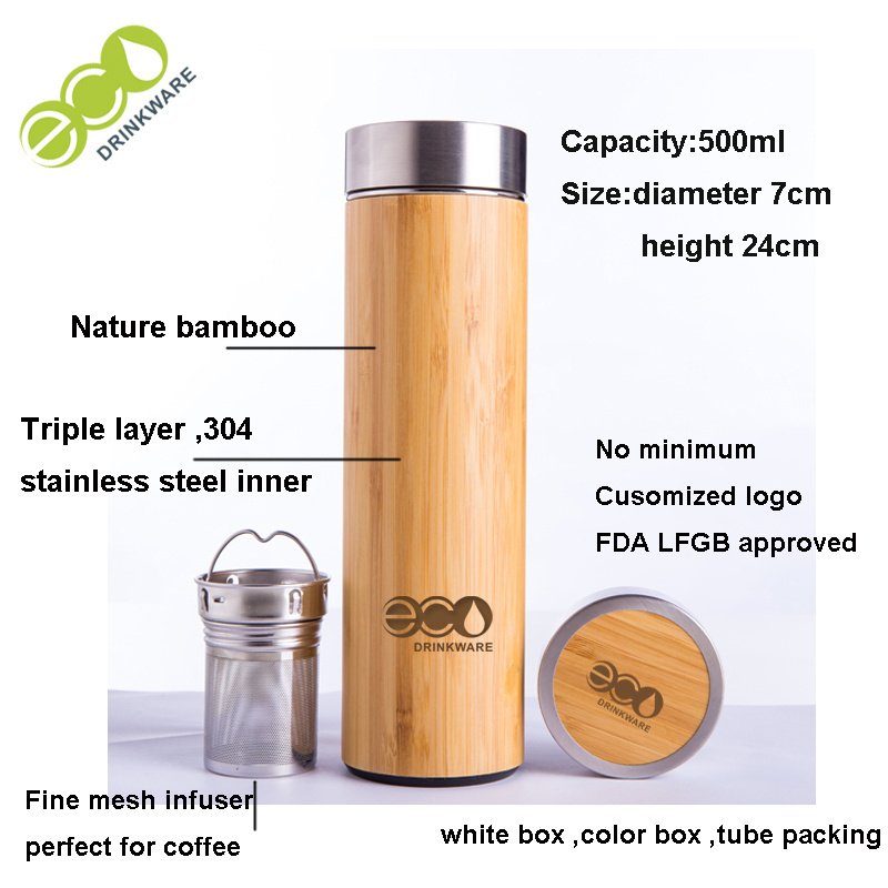 GB8060 500ML/17OZ Natural Stainless Steel bamboo water bottle Vacuum Insulated infuser bamboo thermos Wholesale