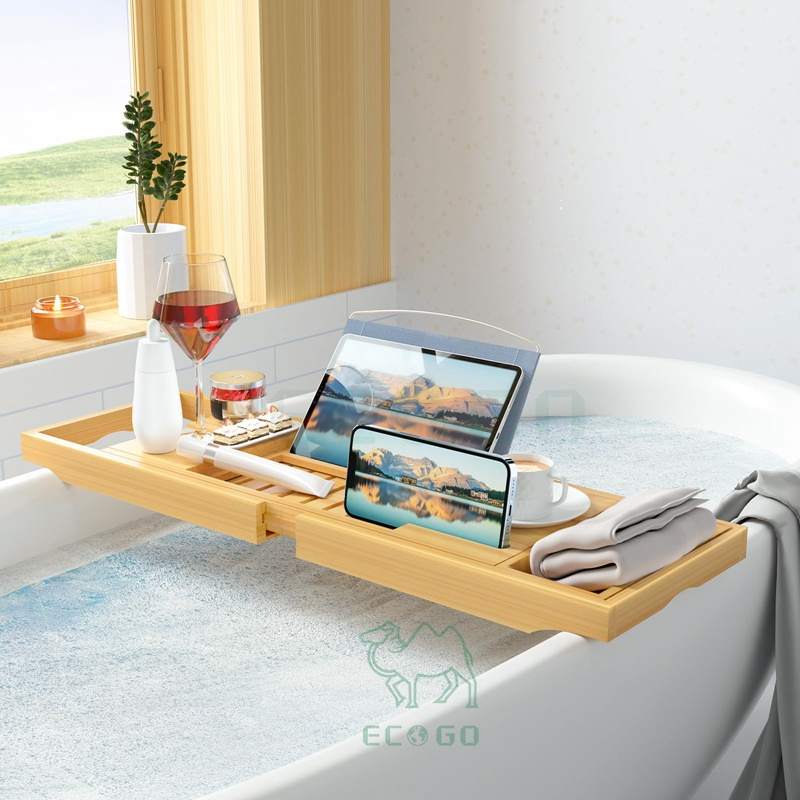 Bamboo Wood Foldable Bath Caddy Tray Bamboo Bathtub Tray Table Extending Sides Multi-function Bamboo Bathtub Caddy