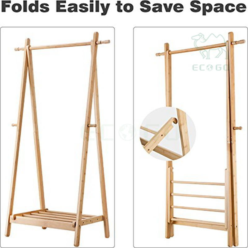 Folding Bamboo Laundry Drying Rack With 4 Cylindrical Hooks Lower Shoe Storage Shelf Attractive Design Clothing Rail