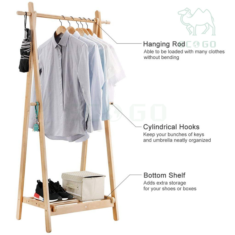 Foldable Bamboo Laundry Drying Rack With 4 Side Hooks Lower Shoe Storage Shelf Attractive Design Clothing Rail