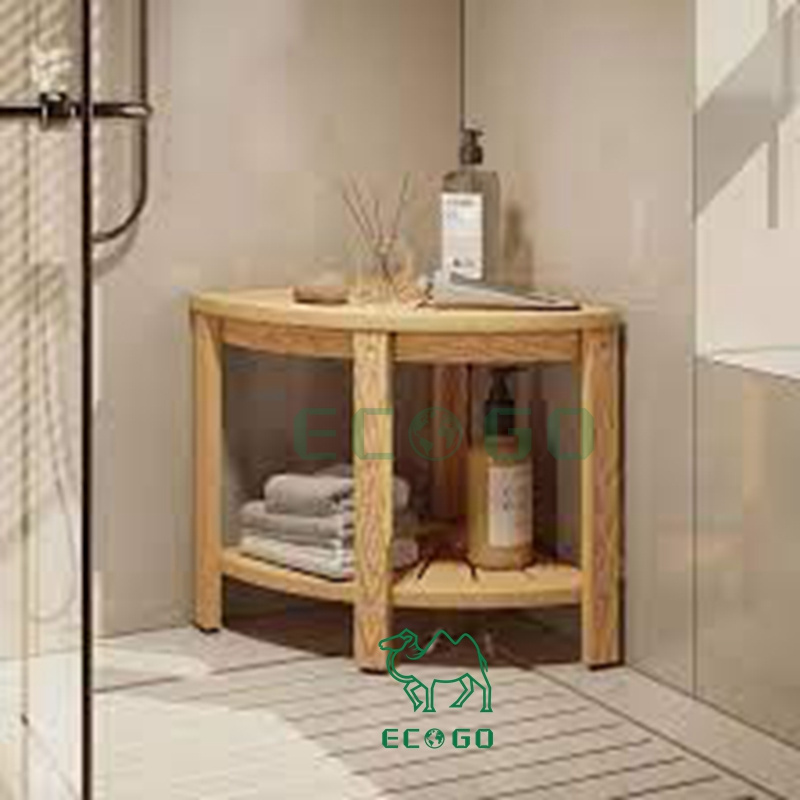 Bamboo Corner Shower Bench with Storage Shelf Corner Stool Non-Slip Feet  2-Tier Seat with Storage Shelf