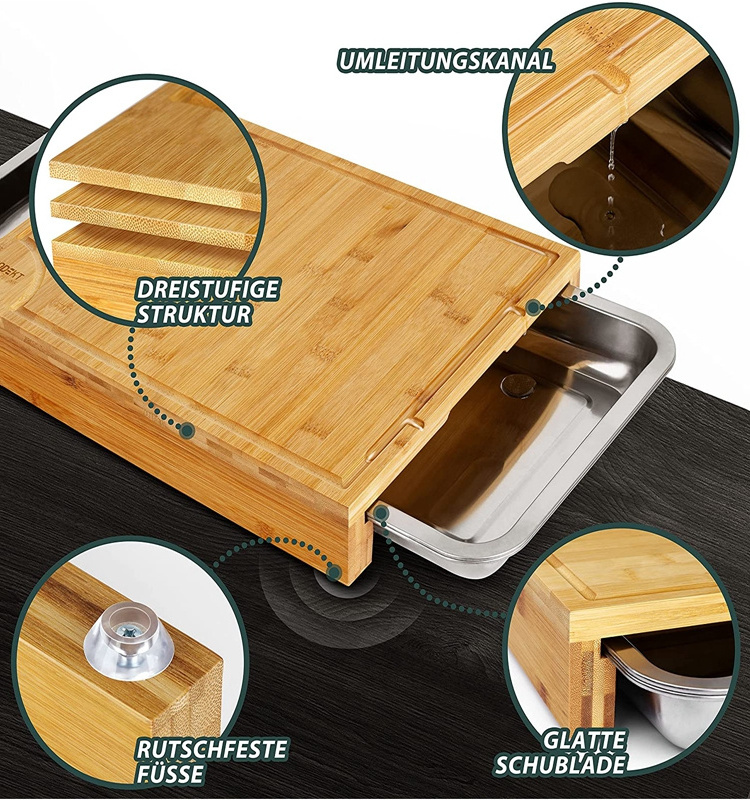 Bamboo chopping board with 4 stainless steel drip trays, Bamboo chopping cutting board with containers