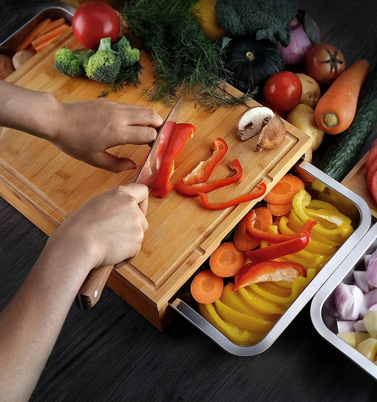 Bamboo chopping board with 4 stainless steel drip trays, Bamboo chopping cutting board with containers