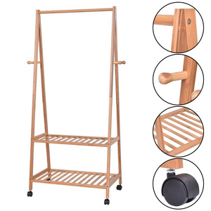 Eco-Friendly Bamboo Garment Rack 100%Natural Clothes Rack with 4 Coat Hook 2 Tire Shoe Clothes Storage Shelves