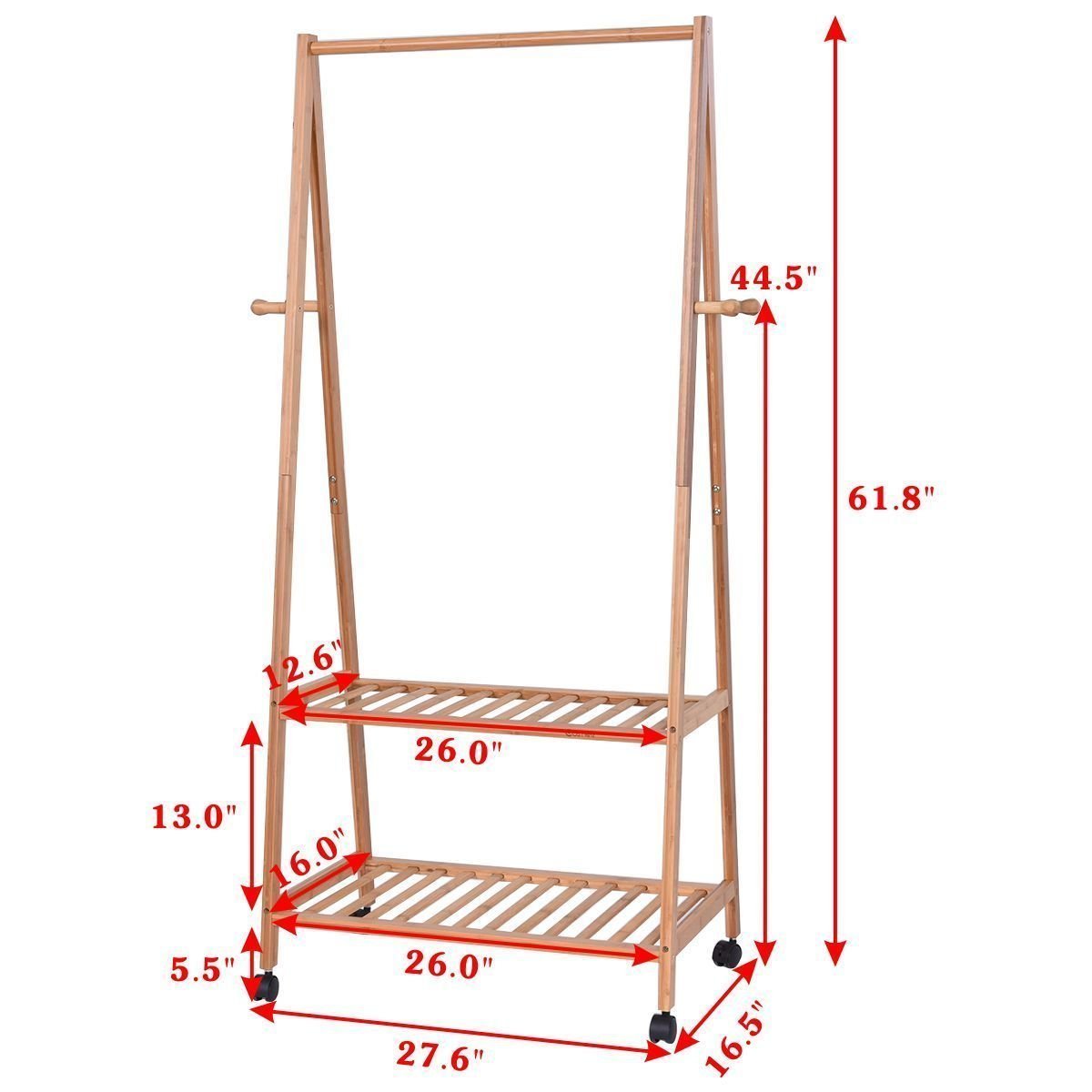 Eco-Friendly Bamboo Garment Rack 100%Natural Clothes Rack with 4 Coat Hook 2 Tire Shoe Clothes Storage Shelves