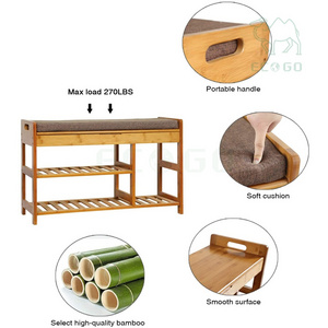 3-Tier Light Brown Bamboo Shoe Rack New Design Shoe Storage Organizer With Cushion Customizable Shoe Bench For Hallway Bedroom