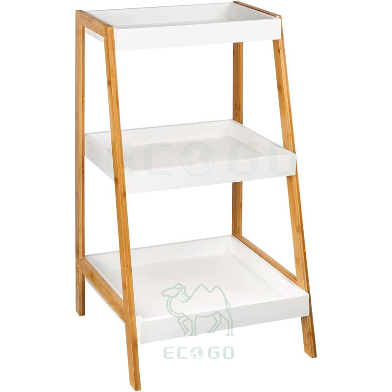 Utility Ladder Shelf With 3 Levels Strong Standing Shelf Bookcase Small White Bamboo & Wood Flower Stairs Bathroom Shelf