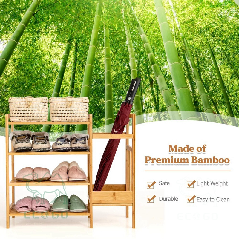 Custom 4 tier premium wooden shoe rack bamboo storage organizer for entryway freestanding with umbrella storage